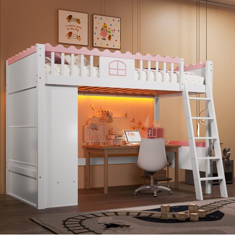 Letto a soppalco MEUBLIV 90x200 cm bianco – LED, ripostiglio e armadio, senza materasso (1/5)