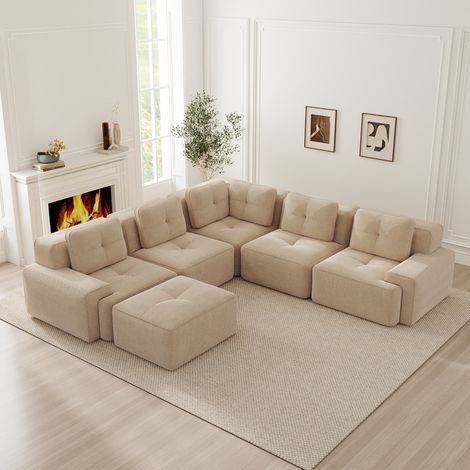 Divano modulare beige in velluto a coste con ottomana, senza montaggio, OKWISH (1/5)