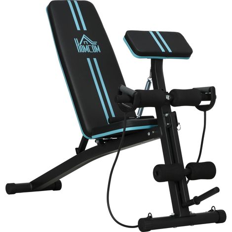 Banc multifonctionnel pliable avec dossier réglable sur 7 niveaux, rallonge pour les jambes, coussin et élastiques, bleu (1/5)
