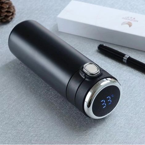 MINKUROW Termo Con Indicador De Temperatura Botella De Agua Aislada Al Vacío - Taza Inteligente De Acero Inoxidable De 420 Ml Mini Taza De Viaje Para Niños, Niñas Y Mujeres (Negro) (1/3)