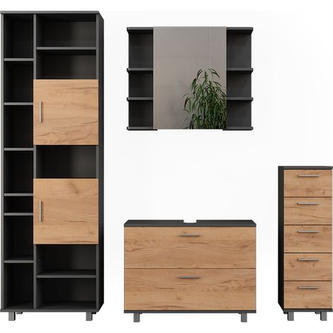 Meubles bain Ilias, Chêne doré/anthracite, 4 pièces, avec armoire haute, Vicco