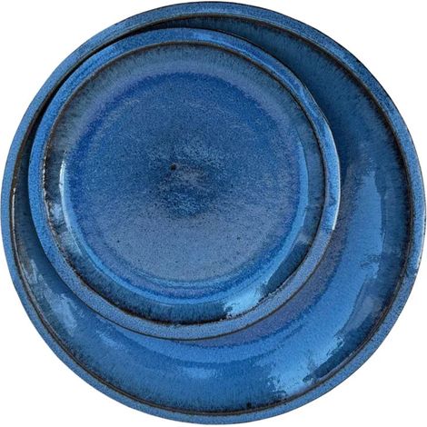 Soucoupe 28cm bleu antique faite à la main en terre cuite émaillée (1/4)