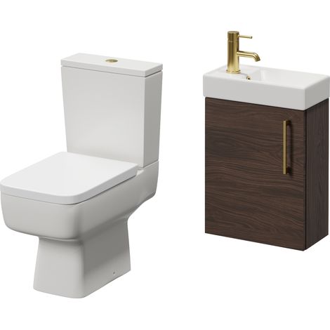 Napoli Cube Brown Oak 400mm Single Door Wall Mounted Vanity Unit and Toilet Suite with Align Basin - 400mm - Brushed Brass 160mm Handle