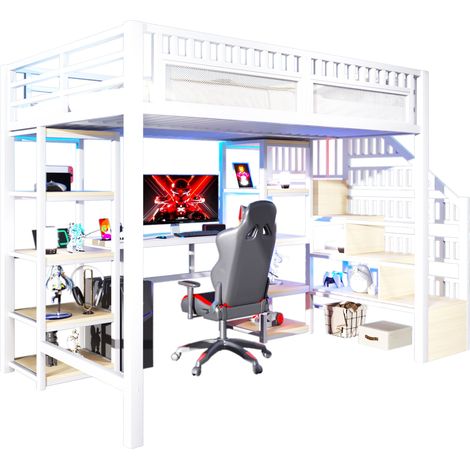 Lit mezzanine métal blanc 140x200 cm avec bureau, rangements, LED et ports USB, sans matelas (1/5)