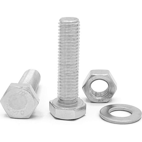 (10 pièces) Boulons à tête hexagonale DIN 933. Acier inoxydable AISI 304 (A2). M8 x 100 mm. Comprend 10 vis avec 10 écrous et 10 rondelles. (1/5)