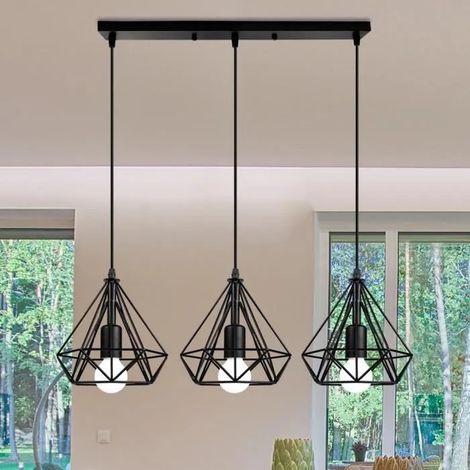 3 Lampes Plafonniers en Métal Industrielle Lustre Suspension en Cage Diamant Noir pour Salon Cuisine Chambre (1/4)