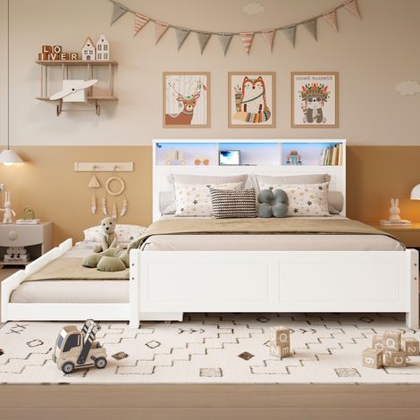 Lit double, lit plat, lit d'appoint familial, avec bande lumineuse d'ambiance, prise de chargement intégrée, lit gigogne, rangement dans la tête de lit, cadre en pin, pin et MDF, blanc, 120 x 200 cm e (1/4)