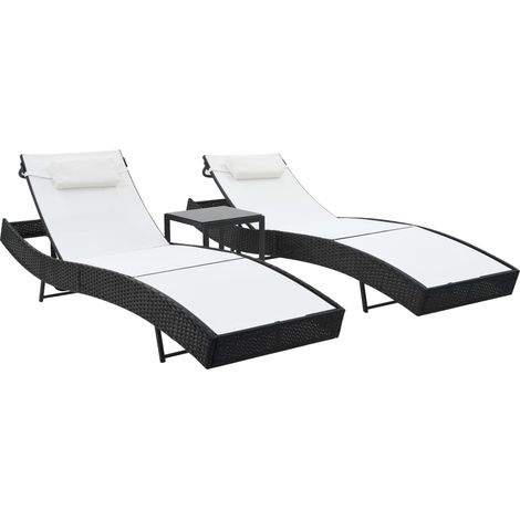 Set di 2 sdraio sedia a sdraio prendisole lettino da giardino terrazza mobili da esterno e tavolo intrecciato in resina e Textilene nero 020012146
