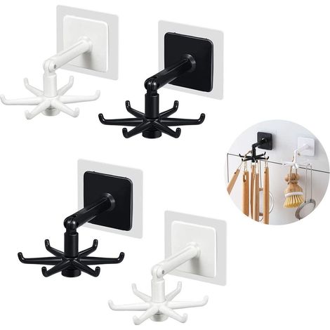 MINKUROW 4 Pezzi Ganci Girevoli A 360 Gradi, Gancio Senza Foro, Gancio Autoadesivo, Gancio Portaoggetti Girevole, Gancio Spina, Ganci Autoadesivi, Salvaspazio, Bianco E Nero (X-4pcs) (1/5)