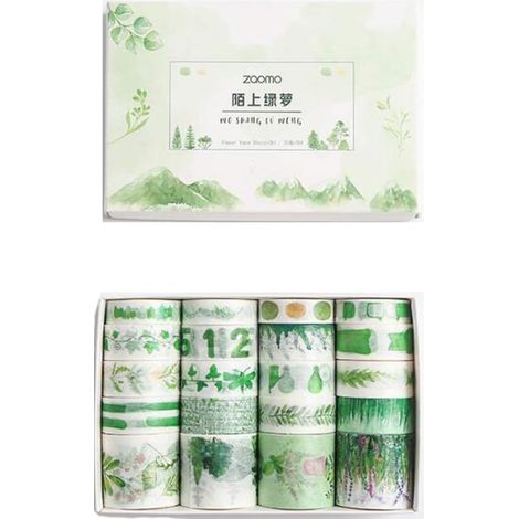 Lot de 20 rouleaux de ruban adhésif décoratif vert frais, motifs herbe, feuilles, fleurs, arbres, fruits, gâteaux et animaux kawaii, idéal pour bullet journal, agenda et emballage cadeau. (1/4)
