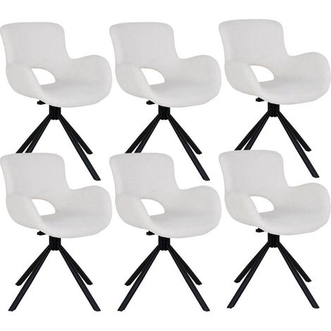 HERMOS - Lot de 6 Fauteuils de Table Tissu Bouclé Blanc Pied Pivotant Métal Noir (1/5)