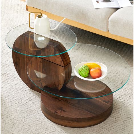 Tavolino da caffè in vetro temperato, design multistrato, MDF, trasparente e noce, 90 cm DESVIAE (1/5)