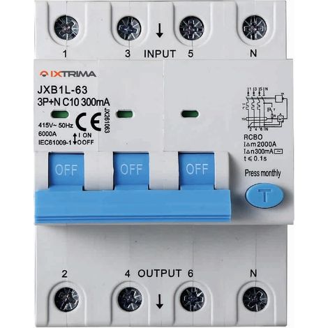 Interrupteur magnétothermique différentiel 3P+N 10A 300mA 380V-6KA pour rail DIN - 4 modules DIN - Protection des circuits et des installations de sécurité (1/4)