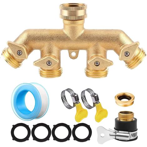 Adaptateur de Robinet à 4 Voies en Laiton pour Tuyaux Jardin, 4-Voies Séparateur Tuyau, Raccord Tuyau avec 2 Boucles Ajustables et Rondelles Caoutchouc Vanne À Bille Quatre Entièrement Cuivre -