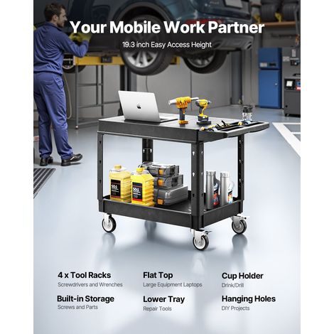 Chariot de Service, 1180x650x865 mm, Desserte à Roulettes Utilitaire en Plastique Robuste à 2 Niveaux, Capacité Totale 250 kg, avec Roues Pivotantes 360° (2 avec Freins), pour Entrepôt, Garage (1/5)