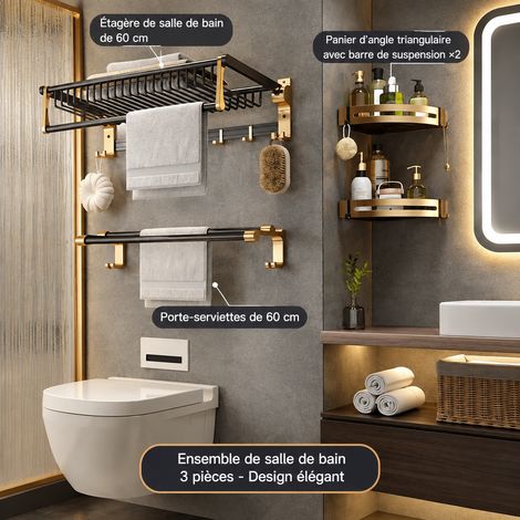 Porte-serviettes mural salle de bain ensemble 3 pièces panier en grille pliable style luxe discret sans perçage noir et or 800 g – Livraison gratuite