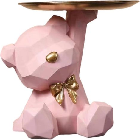 Plateau de rangement ours en résine statue d'ours debout mains levées vide-poches à clés décoration mignonne rose (1/5)