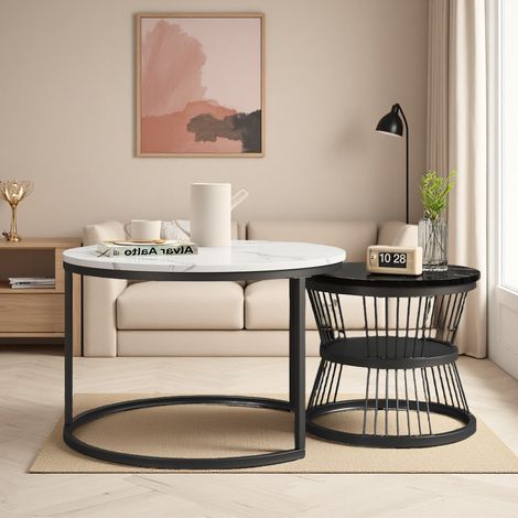 Tables Basses Gigognes Rondes - 2 Pièces - Style Scandinave - 70 x 45 cm et 45 x 40 cm - Blanc et Noir (1/5)