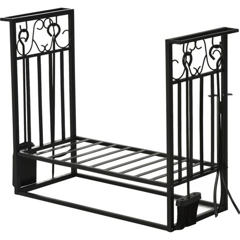 Homcom – Serviteur de cheminée en acier noir – Range bûches avec étagère 75L x 30l x 60H cm – Accessoires inclus : pelle, balai, tisonnier, pince (1/6)
