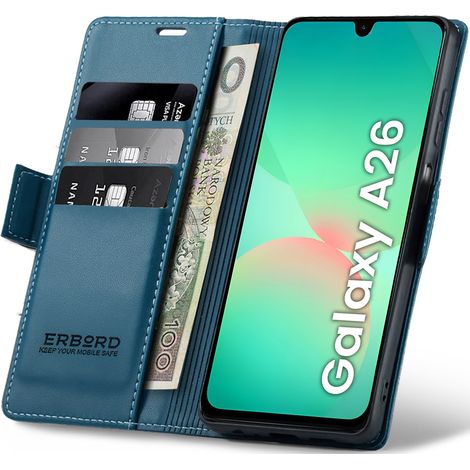 Funda para Samsung Galaxy A26 5G, tipo cartera con tapa, diseño brillante de lichi, color azul. (1/5)