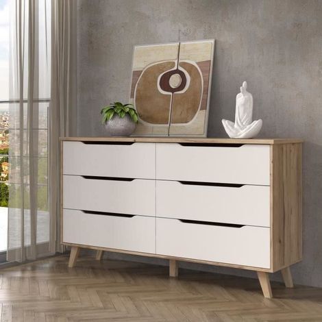 Commode enfant 6 tiroirs – Décor chêne et blanc – Style scandinave – Dimensions L 154 x P 42 x H 86 cm – 4 pieds + 1 pied de stabilisation (1/10)