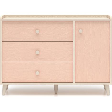 Cassettiera 1 anta 3 cassetti Alycia beige - rosa corallo - effetto marrone 85cm