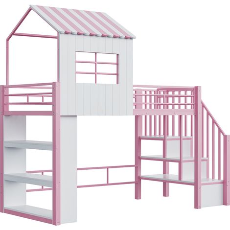 Letto a soppalco in metallo 90x200 cm rosa con scala e scaffali contenitori (1/5)