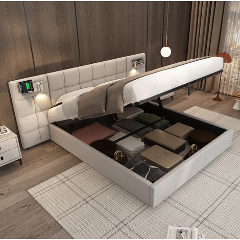 Bett Doppelbett 180x200 cm Grau aus Leinen mit hohem Kopfteil, Lattenrost, USB, kabelloser Ladefunktion und Stauraum (1/5)