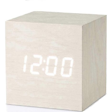 Réveil numérique, réveil en bois, horloge de bureau alimentée par piles USB, horloge cube (1/5)