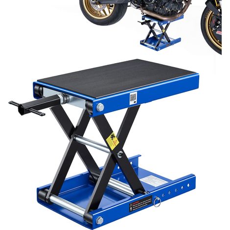 Cric élévateur moto 499 kg, plateforme large avec goupille de sécurité, hauteur 95-340 mm, acier robuste, pour roadsters, cruisers et touring, bleu/noir. (1/5)