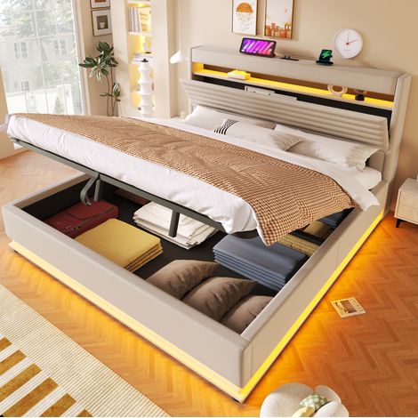 lit adulte coffre rangement 180x200 tete de lit LED USB OKMYHOME (1/5)