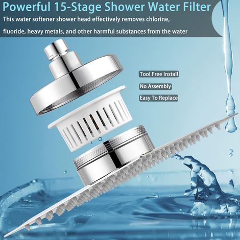 Pommeau de Douche Fixe Carré 20x20 cm avec Filtre 15 Étapes Tête de Douche Anti Calcaire Haute Pression en Acier Inoxydable 304 pour Salle de Bain (1/5)