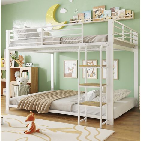 Lit superposé enfant 204x145x145 cm métal blanc avec escalier, gain de place, sans matelas – MEUBLIV (1/5)