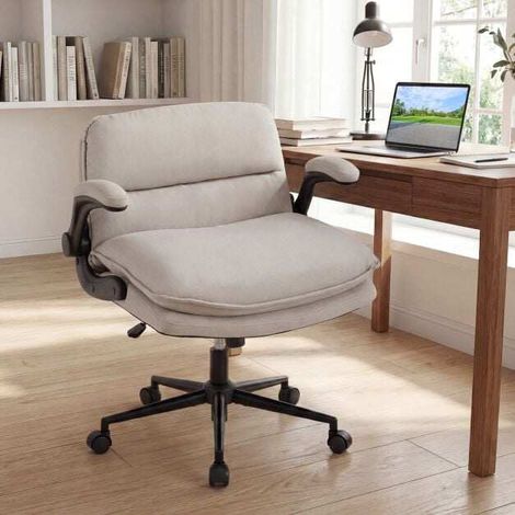 Chaise de bureau beige à roulettes en similicuir avec hauteur réglable et accoudoirs rabattables pour bureau et étude (1/5)