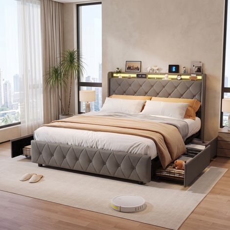 Lit avec tiroirs 160x200cm， sommier à lattes，cadre de lit avec éclairage led rgb, tête de lit avec rangement et station de charge (usb + type-c), flanelle, gris (1/5)