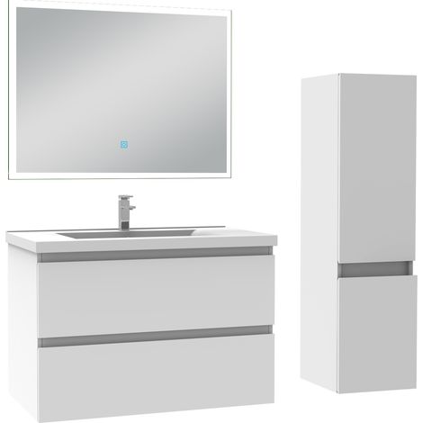 Ensemble meuble de salle de bain 80cm, vasque céramique + colonne + miroir lumineux, blanc