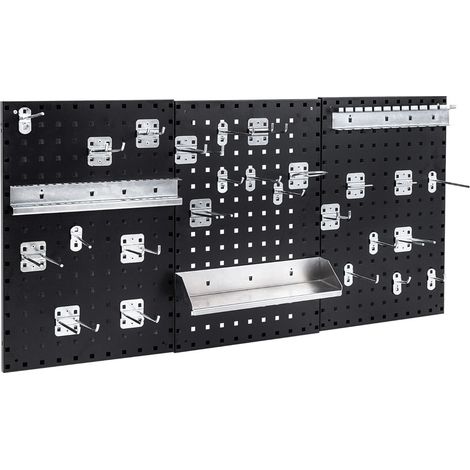Lot de 3 panneaux perforés 40 x 60 cm avec 28 accessoires de rangement mural pour garage design en métal noir