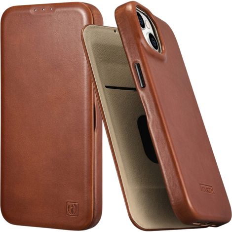 Étui en cuir marron premium pour iPhone 14 Plus avec rabat magnétique MagSafe et certification CE. (1/5)