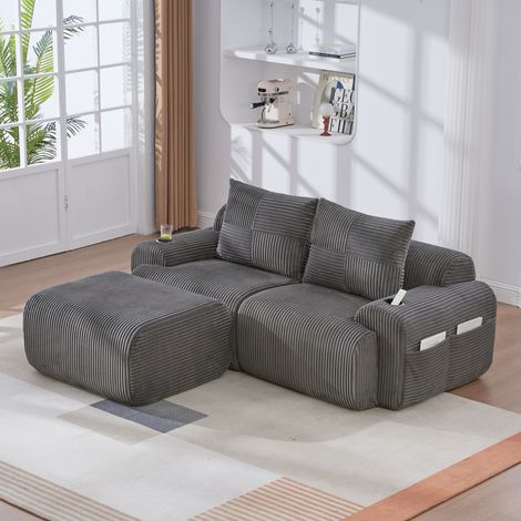 Canapé modulaire 2 places avec pouf en velours côtelé gris foncé, porte-gobelet et poche (1/5)