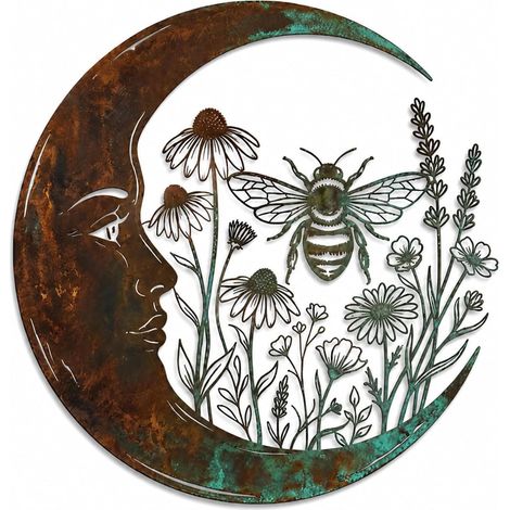 Décoration murale en métal 40cm, motif lune et abeilles – fleurs sauvages, design 2D (1/5)