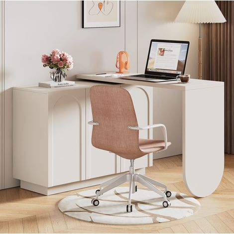 MODFU – Scrivania angolare girevole 110 cm in MDF con vani contenitore, tavolo ribaltabile, ripiani regolabili e chiusura ammortizzata – Bianco (1/5)