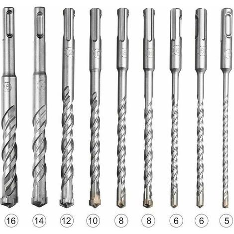 Coffret de mches et burins pour un perforateur,Lot de 9 forets SDS-Plus pour perceuse percussion lectrique pour percer la pierre, le bton, les murs de brique, les carreaux de cramique (1/4)