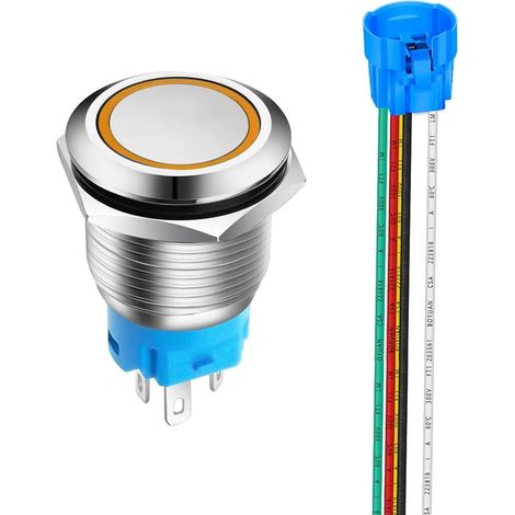 19mm Bouton Poussoir Momentané en Acier Inoxydable, Anneau de lumière LED, 12V-24V 5A 1NO1NC SPDT ON Off Bouton Étanche avec Fiche à Douille (LED Orange) (1/5)