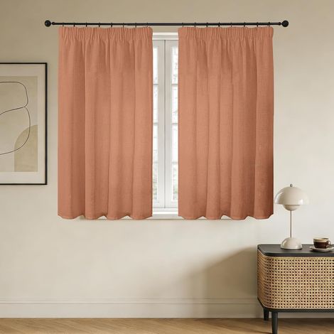 Rideau Voilage Lin Naturel avec Galon Fronceur sur Rail 117x137cm 2 Panneaux, Rideaux Voilages Courts Semi-Transparent pour Decoration Intérieure de Cuisine Petite Fenetre, Terracotta (1/5)