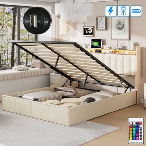 Letto contenitore 140x200 cm, 2 posti, con LED, spazio di stoccaggio, decorazione con borchie, rete a doghe in legno, struttura in metallo, letto matrimoniale imbottito in Velluto - Beige