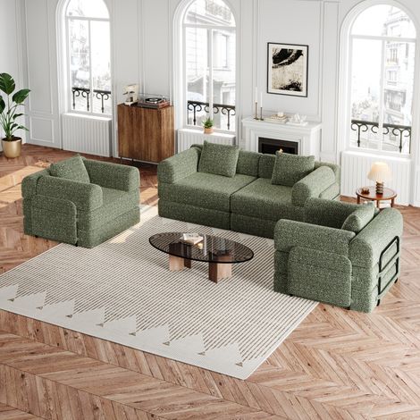 Divano letto 2 in 1 verde in ciniglia con vano portaoggetti nel bracciolo (1/5)