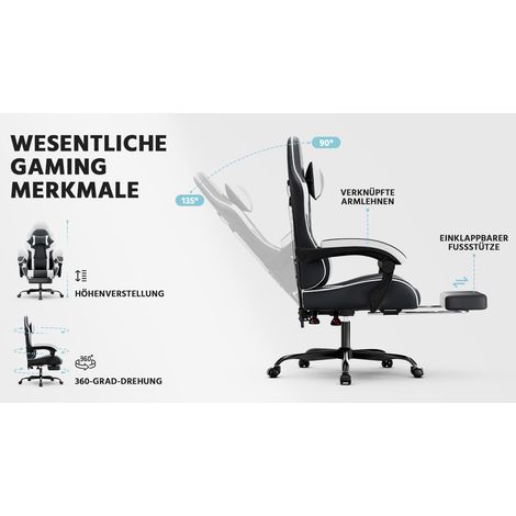 Fauteuil de Gaming Ergonomique avec Soutien Lombaire, Siège de Bureau en Cuir PU Respirant, Chaise Informatique Confortable, Capacité 200KG, Hauteur et Dossier Réglables, Noir et Blanc (1/5)