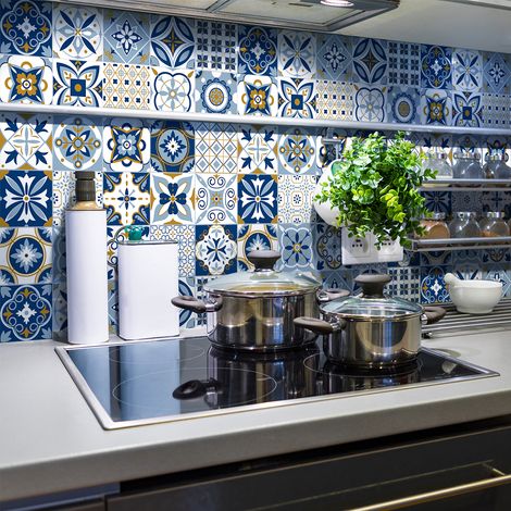 Sticker Mural Carrelage adhésif Cuisine Salle de Bain - 24 STICKERS CARREAUX DE CIMENT AZULEJOS LURDES - 24stickers10x10cm (1/5)