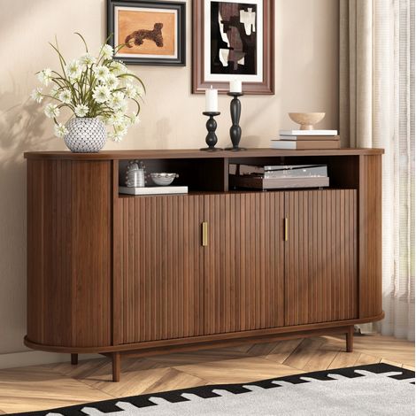 Aparador sideboard de 3 puertas en madera oscura, 140 x 40 x 78 cm, con frente de líneas verticales, amplio almacenaje y patas de madera  para salón y comedor-FLORAGRACE (1/5)