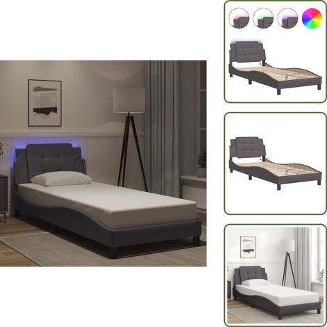 Bettgestell mit LED Grau 100x200 cm Kunstleder - Bettrahmen - Schlafzimmermöbel - LED-Bett - Kunstlederbett - Doppelbett (1/5)